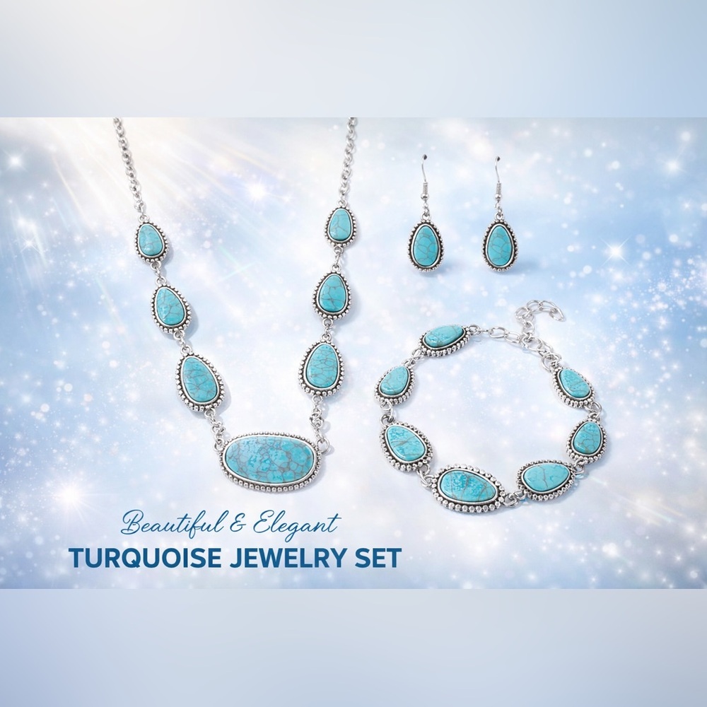 Turquoise Jewelry Set | Necklace, Earrings & Bracelet | Silver Tone | Boho Chic